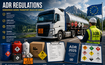 Regolamento ADR per il trasporto di merci pericolose in Europa con camion che trasporta carico pericoloso e sistemi di conformità